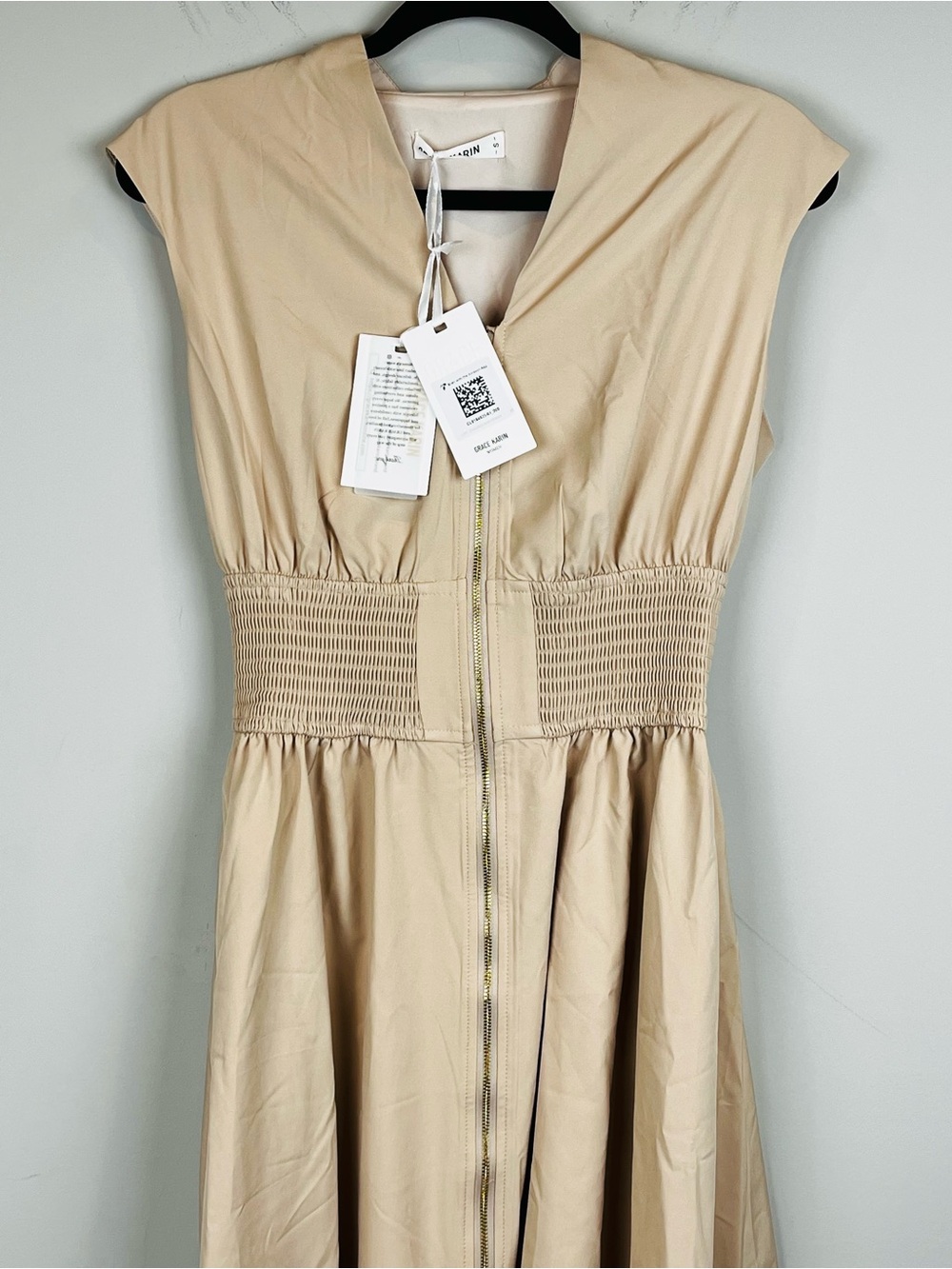 NWT Grace Karin Zipper Front Smocked Waist Cap Sleeve Midi Dress Tan Small - Picture 3 of 15